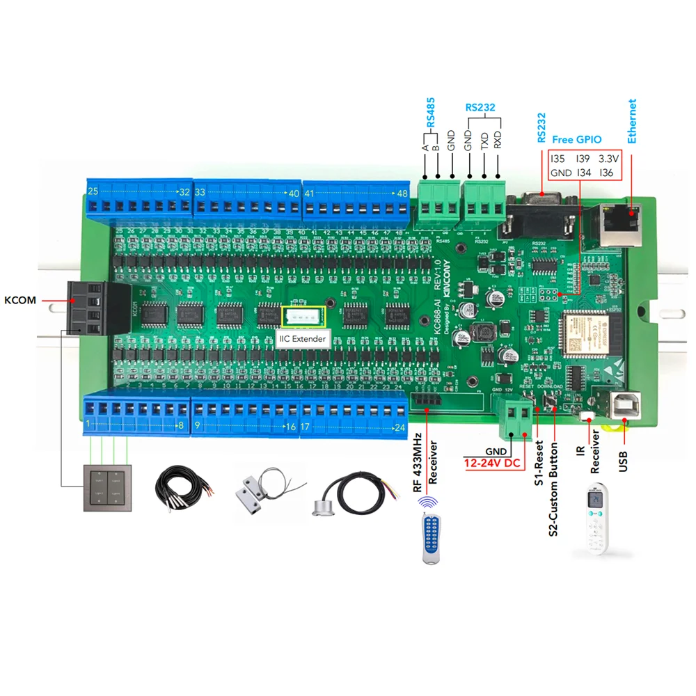 KC868-AI Ethernet Wifi RS232 RS485 ESP32 48CH modulo di ingresso contatto a secco IR RF ESPhome Home Assistant Tasmota fai da te