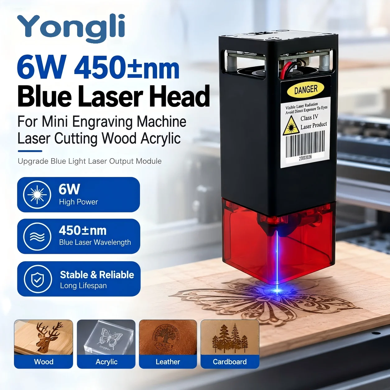 Yongli 6W 450nm Blue Laser Head Module for Mini Laser Engraving Machine Wood Acrylic Cutting Upgrade CNC Engraver Accessory