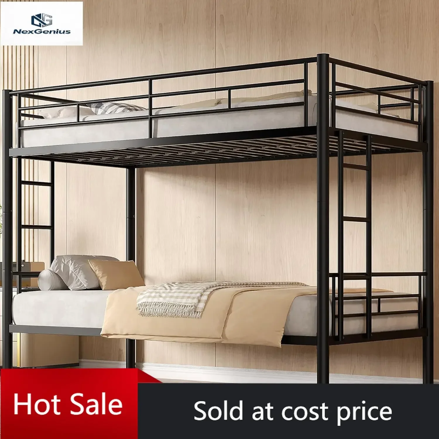 VECELO Bunk Bed Twin Over Twin, Metal Bunkbeds with Ladder and Full-Length Guardrail, No Box Spring Needed, Space Saving, Noise