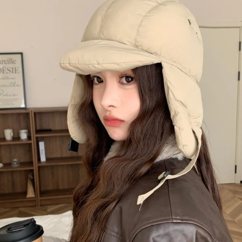 Solid Color Padded Bomber Hats Ear Flaps Windproof Cycling Cap Thermal Pullover Trapper Hat Fleece-Lined Winter Hat