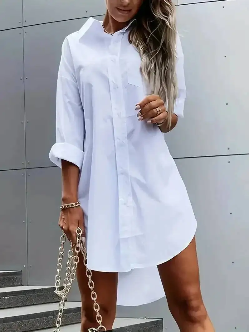 Women's Solid Color Button Front Shirt Dress Casual Long Sleeve Lapel Dress For Spring Fashion Sexy Women Tops Shirts Dress LS4A