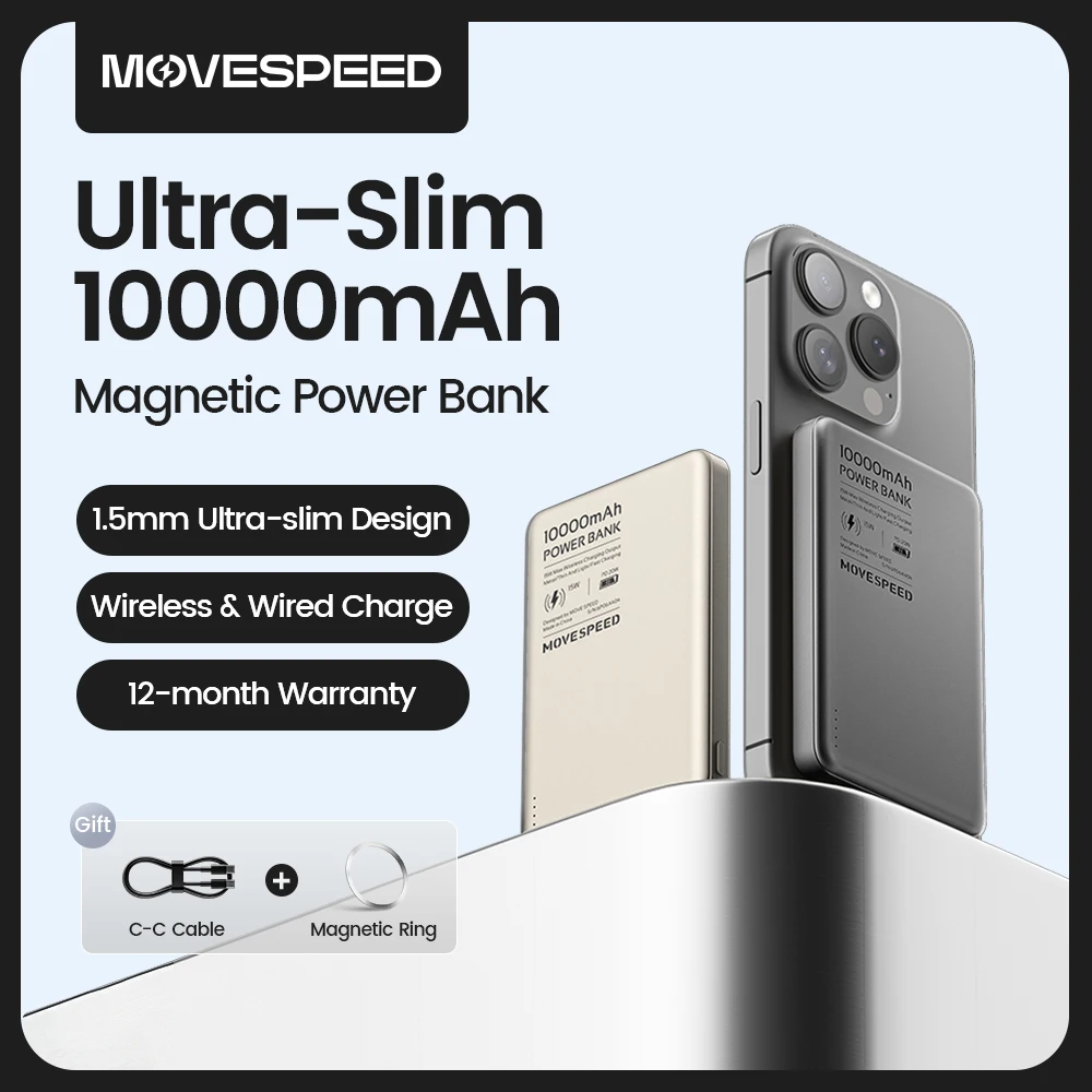 MOVESPEED S10 Slim Magnetic Power Bank 10000mAh PD20W Portable Charger Wireless External Battery for iPhone 16 Samsung Powerbank