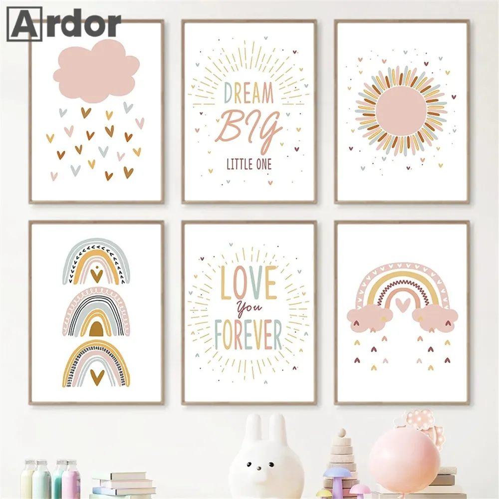 

Dream Big Nursery Art Prints Sun Cloud Rainbow Canvas Painting Pink Poster Child Print Nordic Wall Pictures Baby Room Decoration