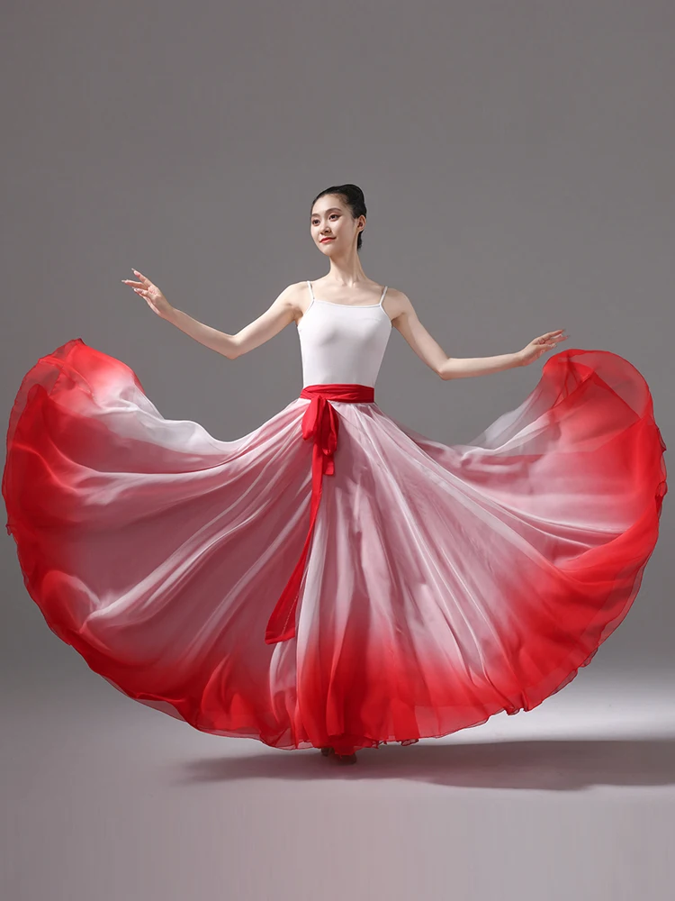 

One-Piece Dance Skirt with Gradient Color 360 Degree Turn Double Layer Classical Dance Practice Performance Half-length Skirt