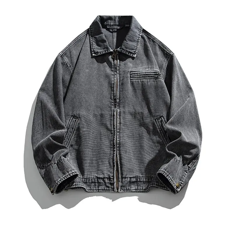 Japanese Retro Detroit Style Washed Work Jackets for Men Korean Fashion Casual Loose Zipper Jacket Coat Autumn Streetwear Men