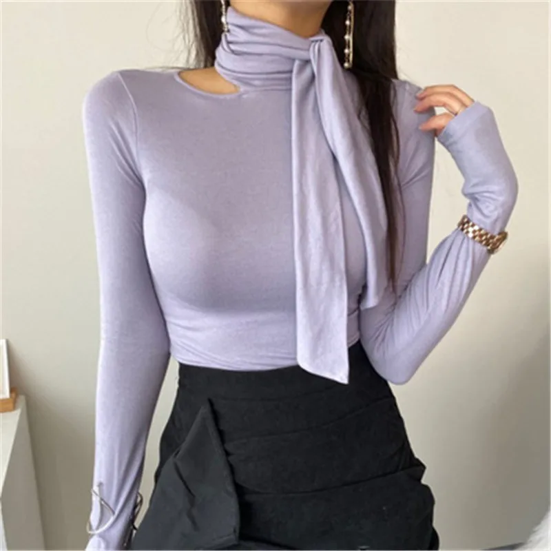 Autumn Winter New Long Sleeve T-shirt Women\'s Single Shoulder Hollow Out Long Scarf High Neck Slim Fitting Bottomed Shirt Top