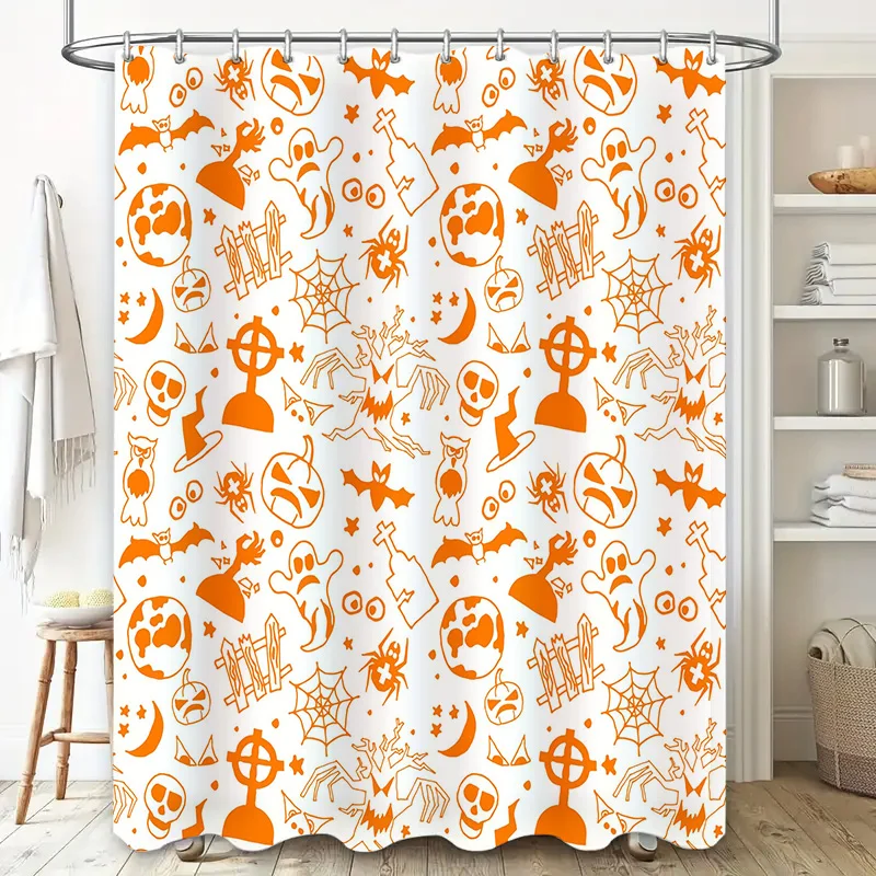 Halloween-themed shower curtain with spooky orange designs suitable for haunted house decoration during October celebrations wat
