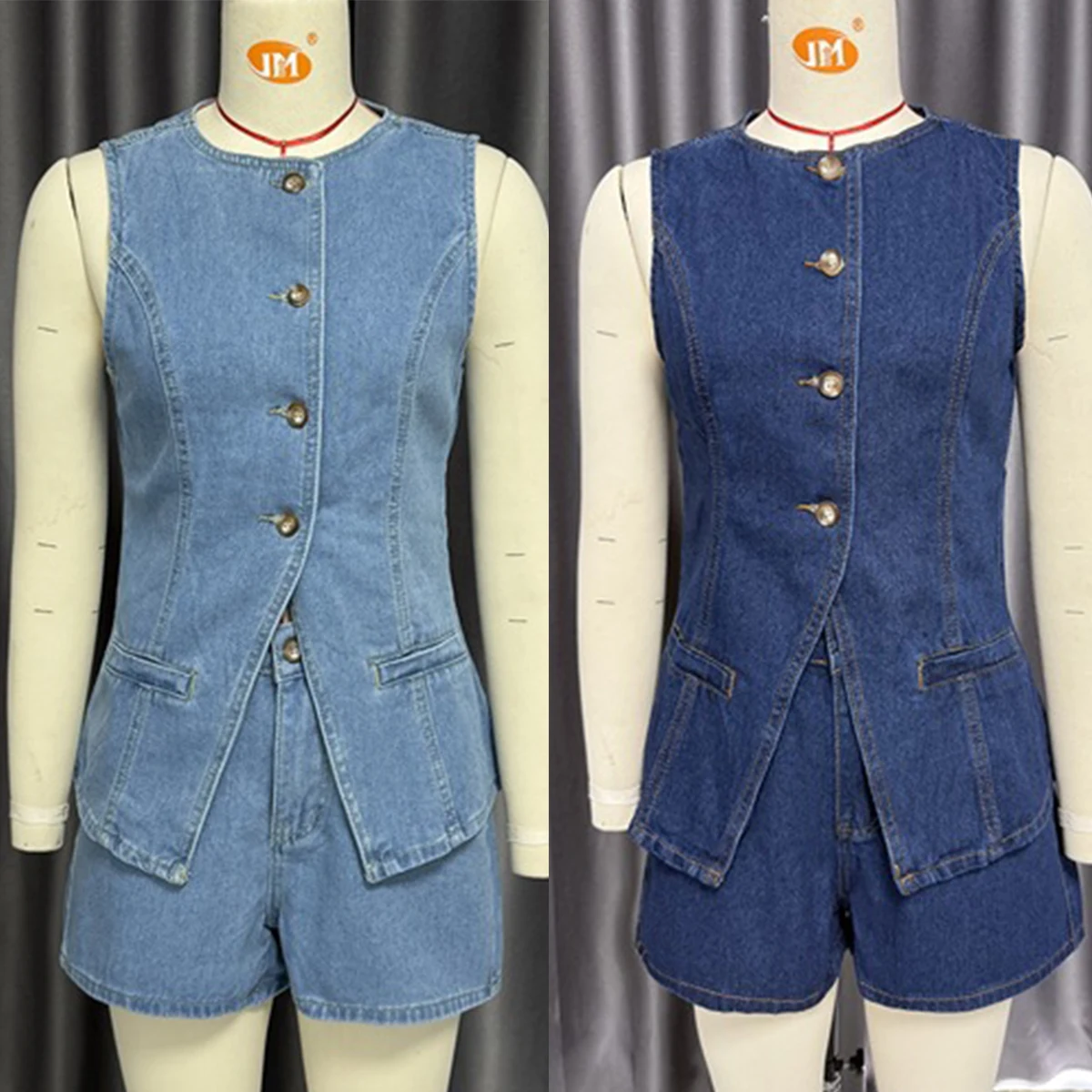 

Denim Short Sets Single Breasted Sleeveless Vest Two Pieces Pockets Zipper Fly Shorts Loose Solid Washed Vintage Basics