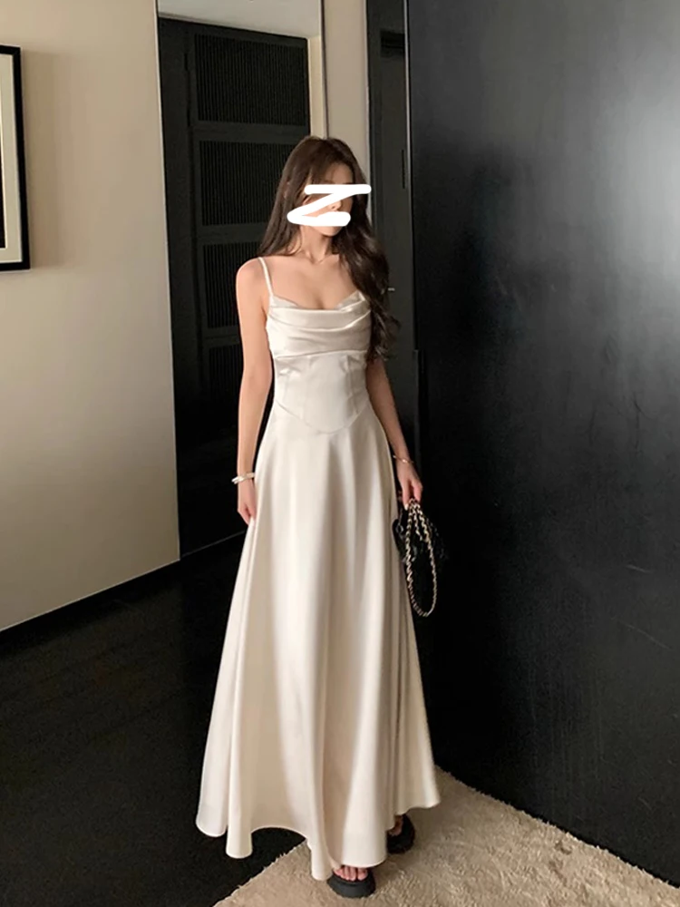 

Slimming Effect Satin Ankle-Length Gown Women's plus Size Strapl Dr High Waist A-Line Korean Sle Commute Faion