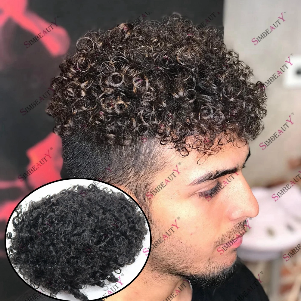 

Black Brown Natural Human Hair 12mm Afro Curly Hair Men's Durable Skin Base Hair Replacement Capillary Prosthesis Hairpieces