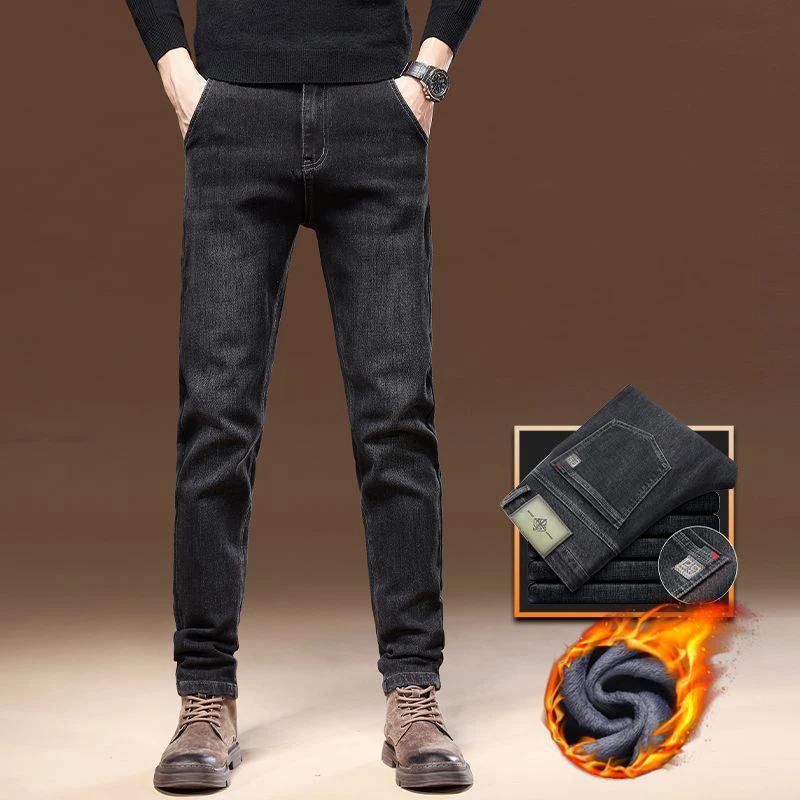 2026 Winter New Thickened Warm Stretch Jeans Men Slim Fit Narrow Leg Fleece Trousers Male Fashion Korean Style Versatile Pants