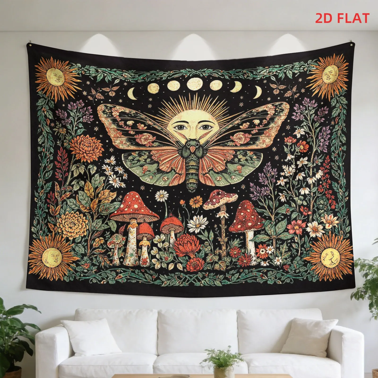 Boho Tapestry Wall Hanging Forest Mushroom Fairy Celestial Art Decor Bohemian Cottagecore Mystical Witchy Sun Moon Pattern