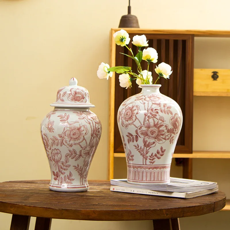 Ручная роспись красная ваза для цветов, украшения для удачи, вход в гостиную, цветочный горшок, новые украшения в китайском стиле, керамическая ваза, ювелирные изделия