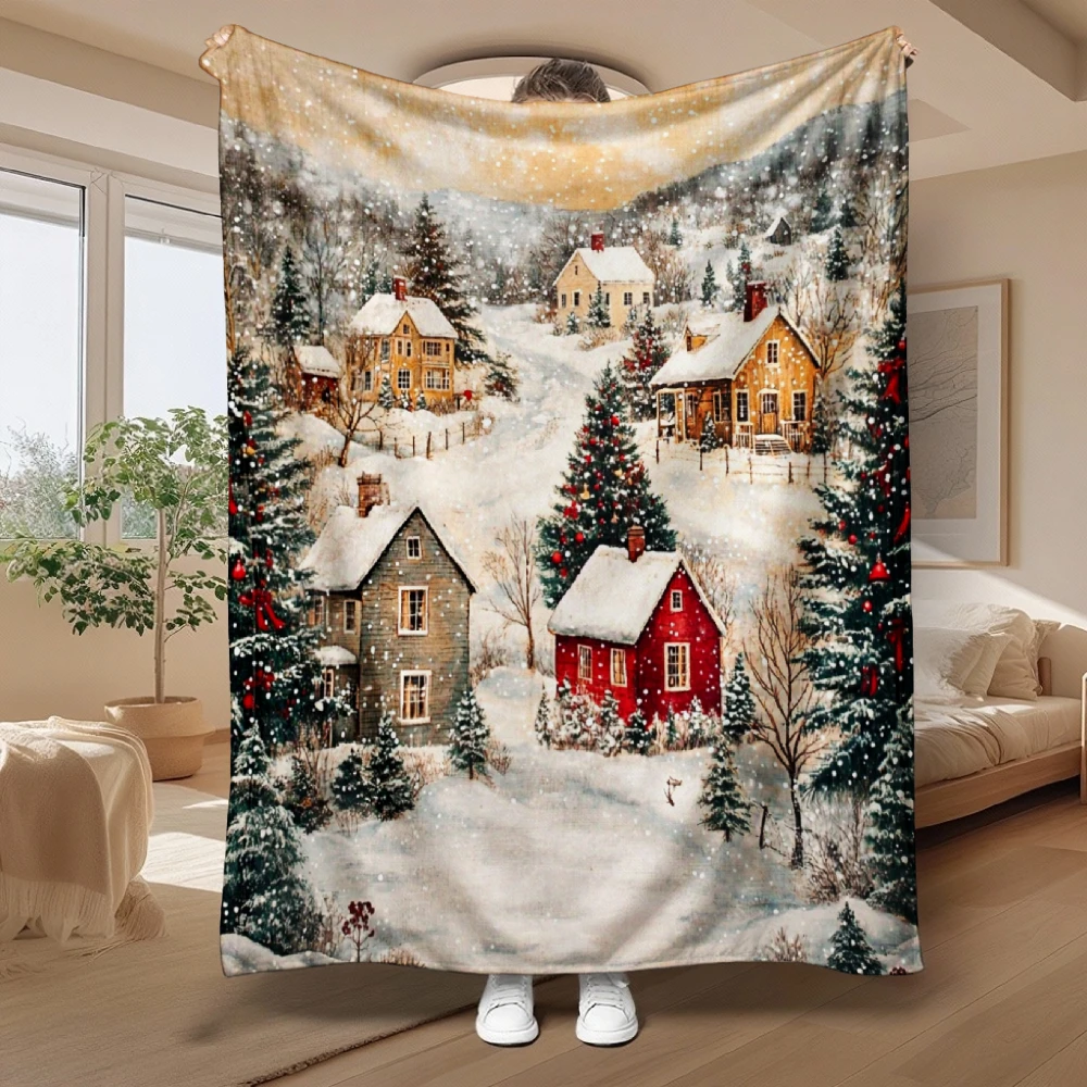 Snowy Village Christmas Scene, Holiday Gift for Family, Soft Fleece Blanket, Cozy Winter Cabin Home Decor, Multi-Purpose Throw
