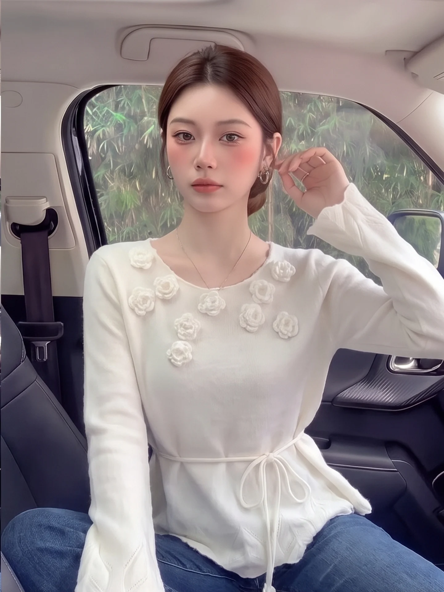 Soft Knitted Long Sleeve Women's Sweater Autumn Winter Fashion Design Slimming Belted Base Layer Top with 3D Flower Embellish...