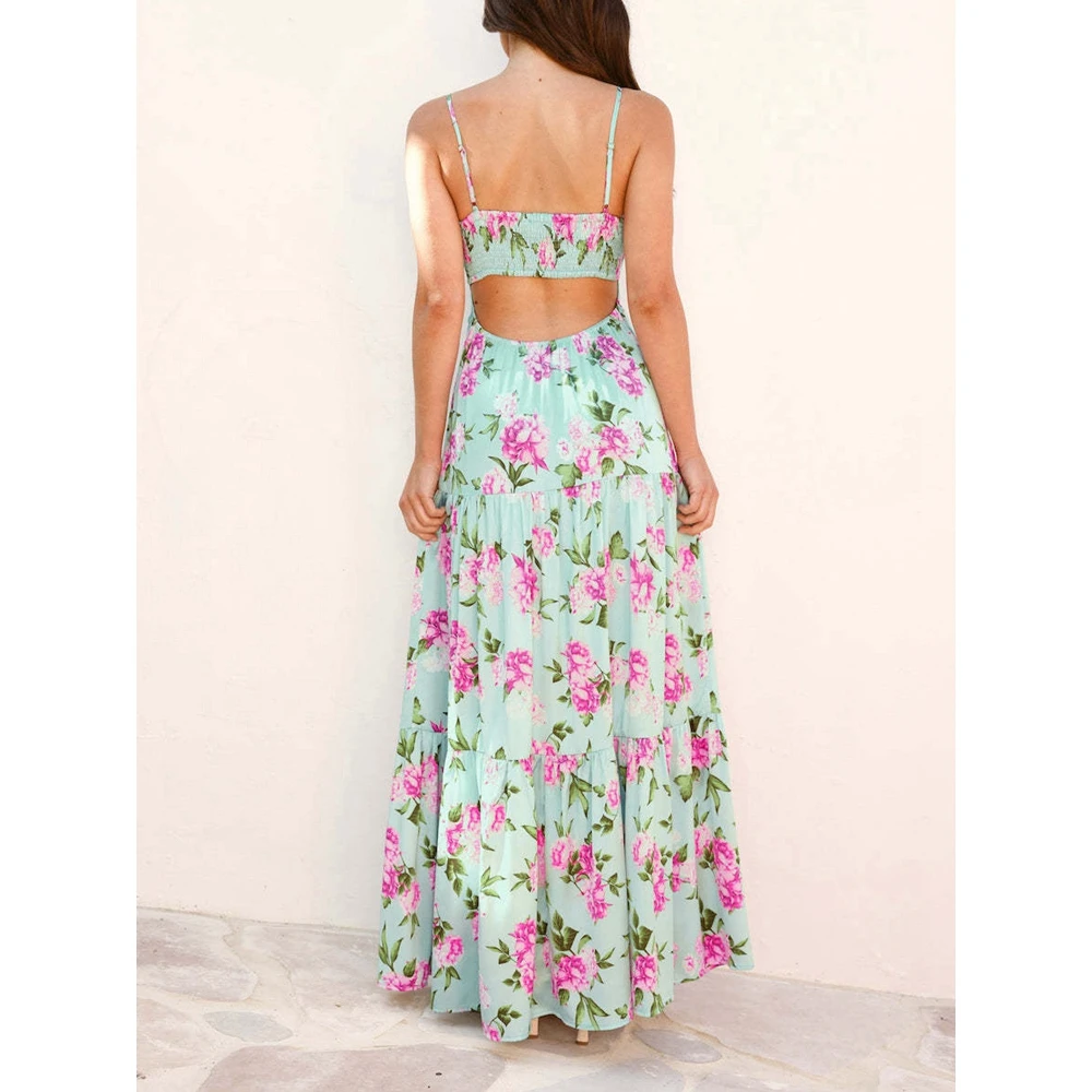 꽃 프린트 드레스 여름 스파게티 스트랩 맥시 민소매 셔링 가운 셔링 컷 아웃 백 여성 드레스 휴가 보헤미안
