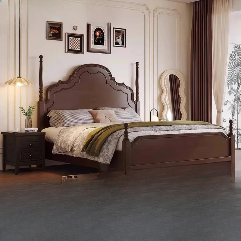 

French retro solid wood bed, walnut master and second bedroom double bed