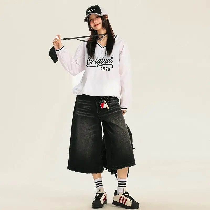 Fashion Distress Black Denim Shorts Women Summer High Waisted Wash Baggy Wide Leg Shorts Jeans Cropped Pants