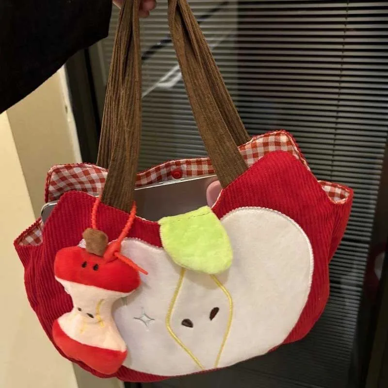 Bolso de Mano con Forma de Manzana Roja, Creativo y Bonito, Bolso de Hombro de Pana, Elegante Bolso de Lona para Salir, con Colgante de Manzana, Bolso de Hombro Casual y Versátil
