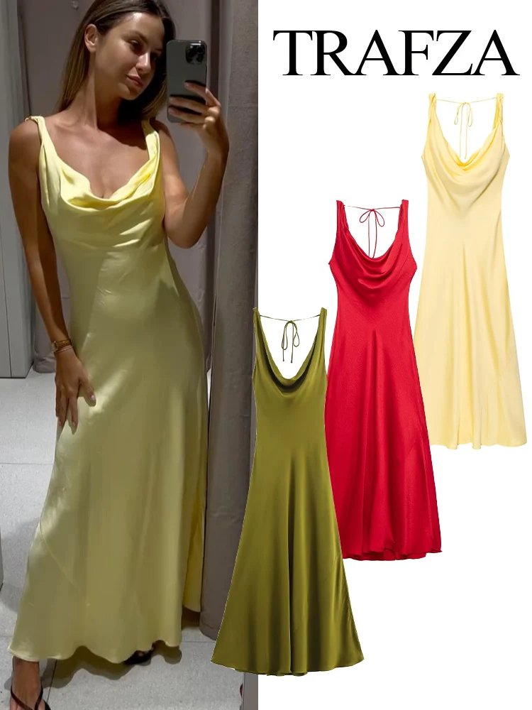 

TRAFZA Women Summer Vacation Solid V-neck Satin Texture Sexy Backless Strap Midi Dress Female Elegant Lace-up 5-Color Long Dress