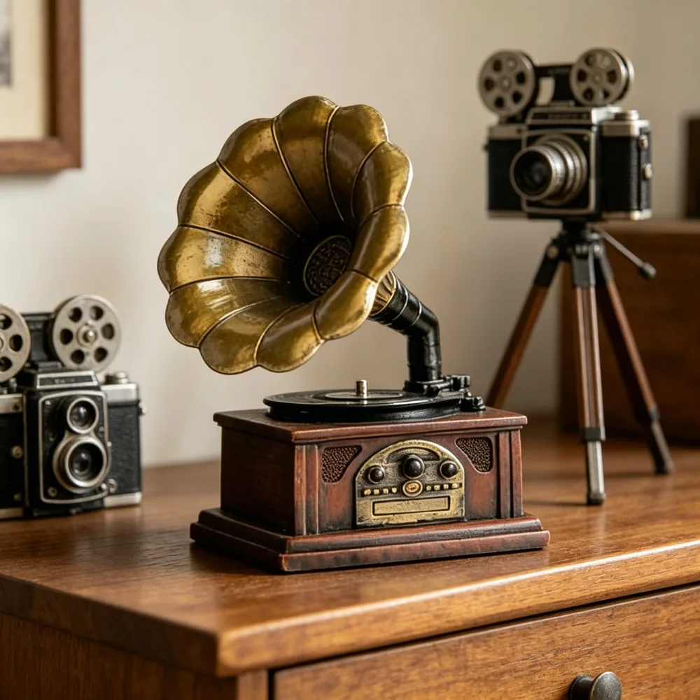 Vintage Gramophone Decorative Ornament Retro Phonograph Statue for Home Living Room Office Shelf Desktop Tabletop Decoration