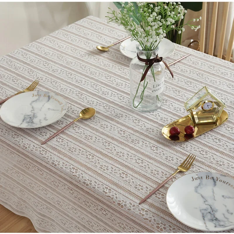 White Hollow Striped Lace Tablecloth Fabric with European Style White Theme Wedding Decoration Tablecloth Cover Table Cloth