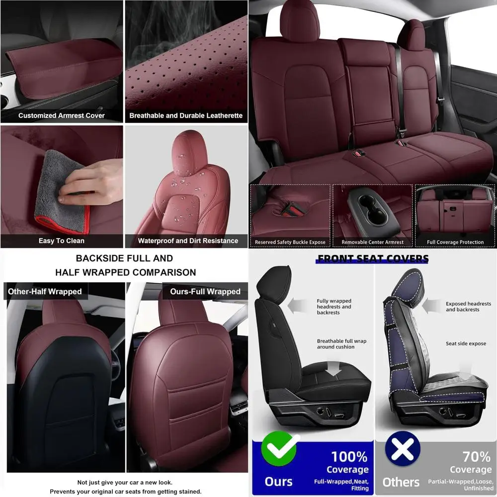

Car Seat Cover for Tesla Model Y 2020 2021 2022 2023 2024 5 Seater - Full Set Faux Leather Seat Covers (Wine Red)