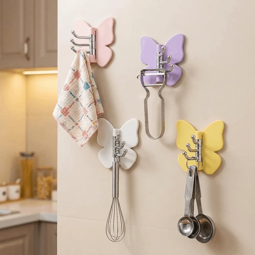 4PCS Plastic Rotating Butterfly Wall Hooks Self Adhesive Decorative Butterfly Triple Hook Space Saving Wall Mounted