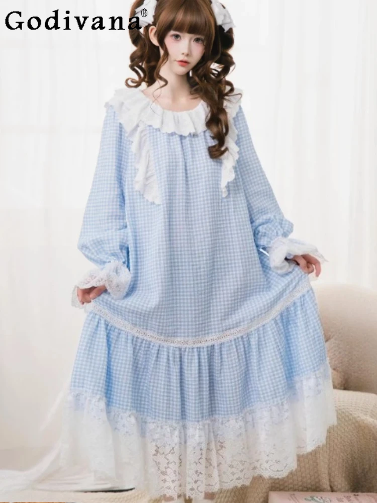 

New Elegant Women Blue Plaid Sweet Lace Four-season Nightdress Comfortable Long Sleeve Loose Cute Princess Lolita Loungewear