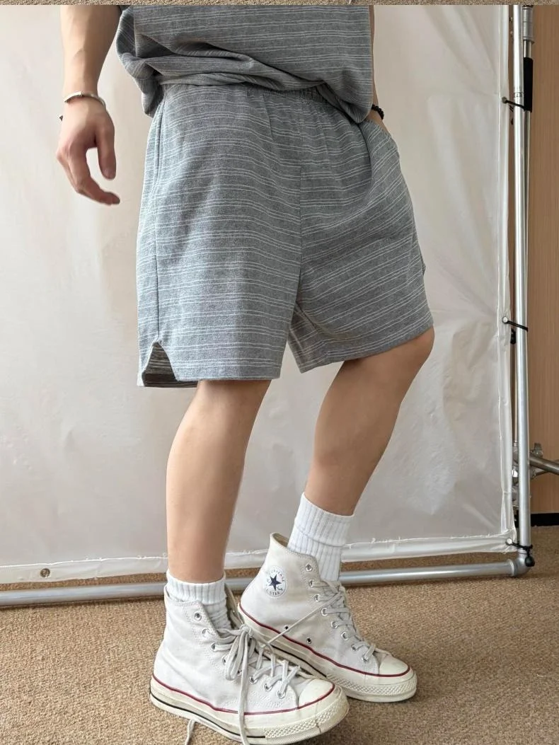 Men's Light Grey Striped 2 Piece Set Summer Casual Loose Fit Tee and Shorts Suit Matching Outfits Advanced Sense Loungewear view 5