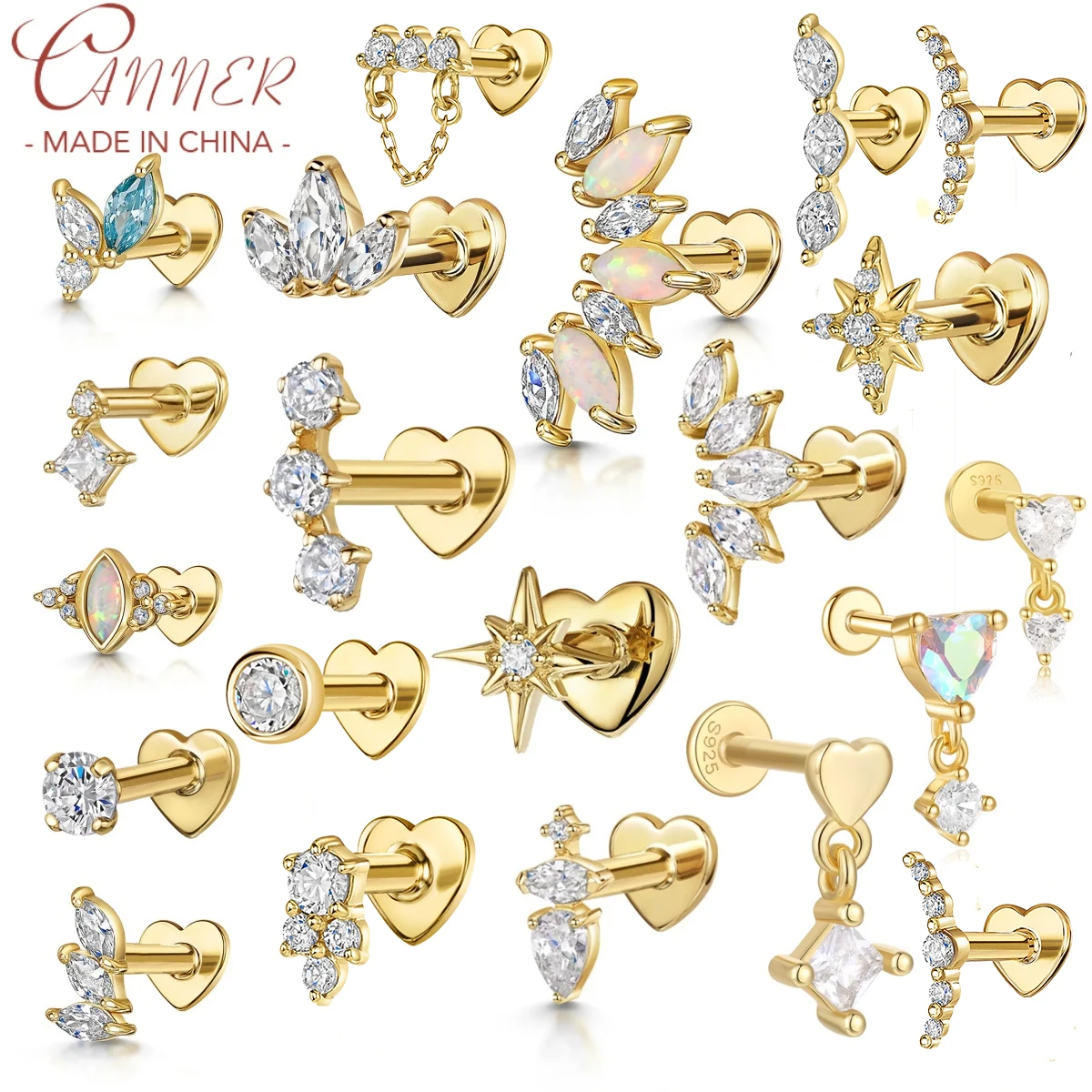 CANNER 1PC New S925 Sterling Silver Heart Shaped Zircon Cartilage Piercing Flat Stud Earring for Women Tragus Helix Jewelry