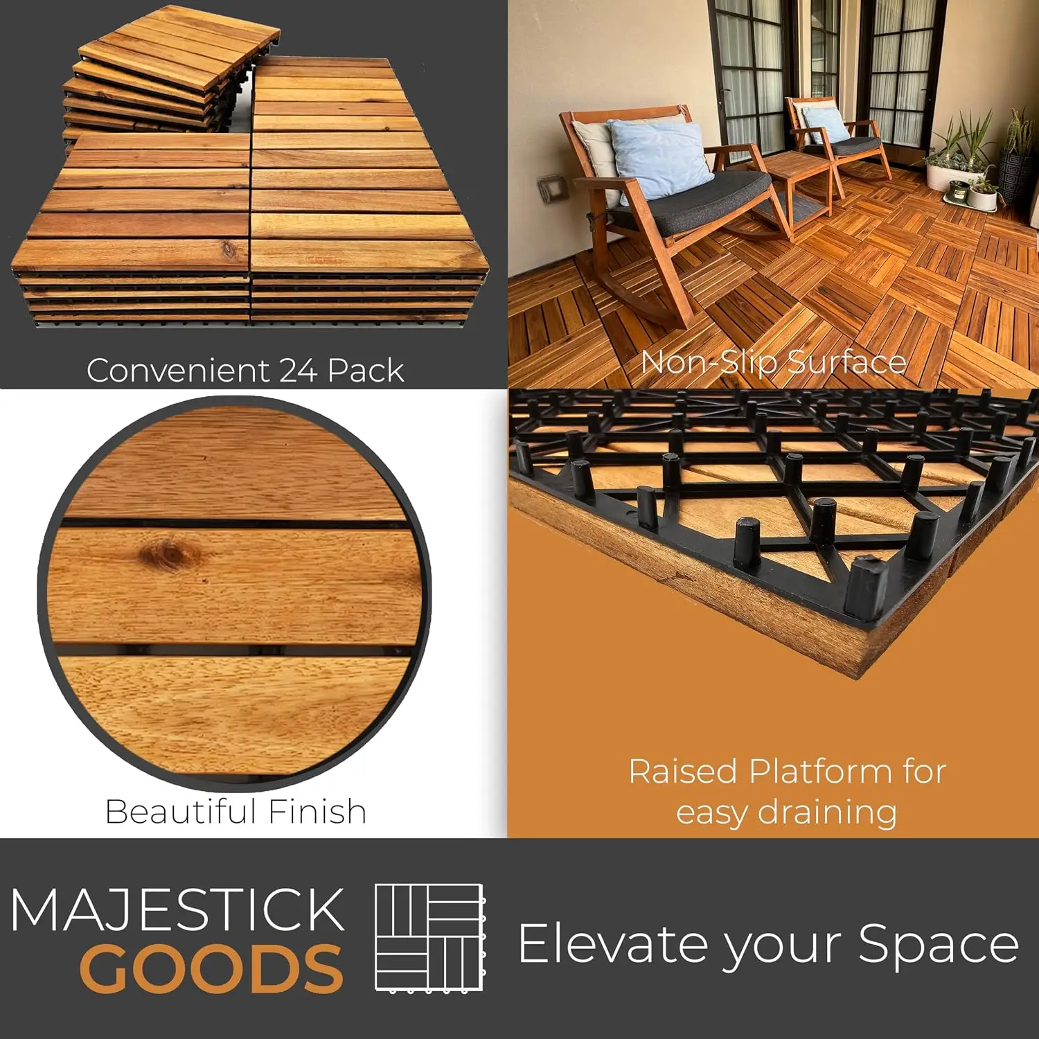 24-Pack Long Slat Acacia Wood Interlocking Deck Tiles | Easy Installation for Patio Flooring & Walkway with Raised Base