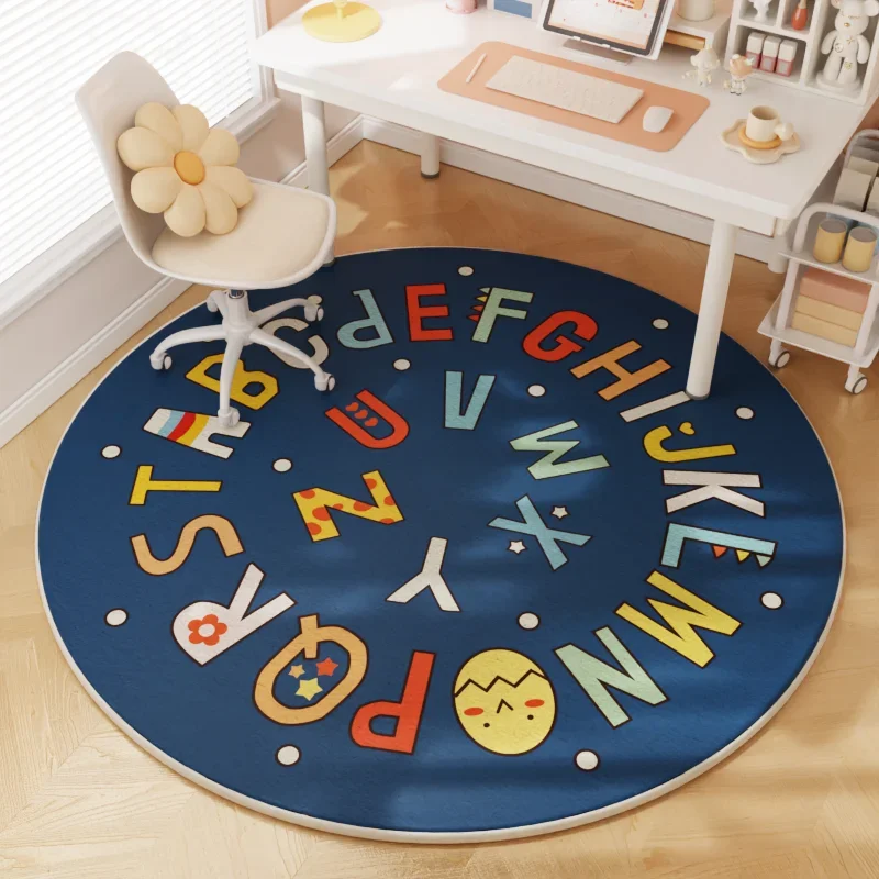 Round Kids Rug for Boy Girl Circle Alphabet Washable Rug Non-Slip Play Mat Learning Carpet for Children Room