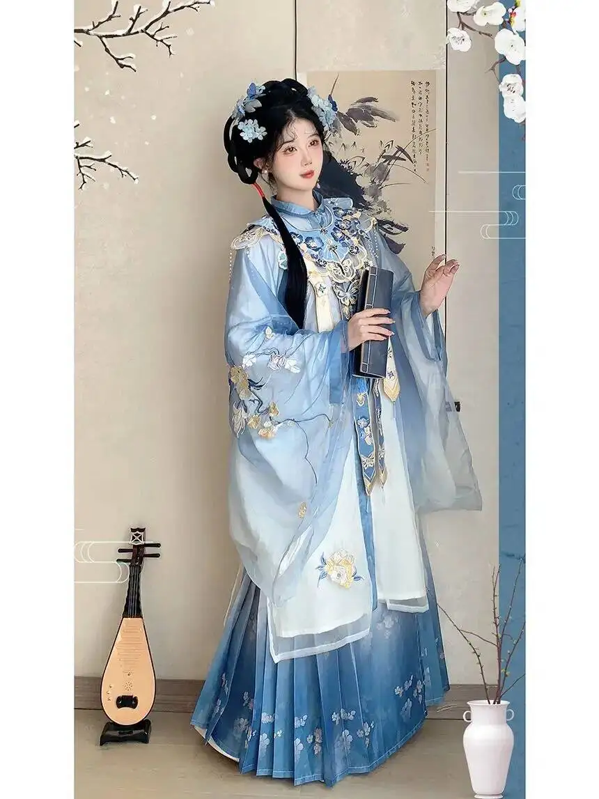 สองเดือน [หลานจินหลัว] ใหม่ฮั่นฝูผู้หญิงราชวงศ์หมิงสไตล์มามีียนกระโปรงปักหนักคลาวด์ไหล่เสื้อคอปกสำหรับ