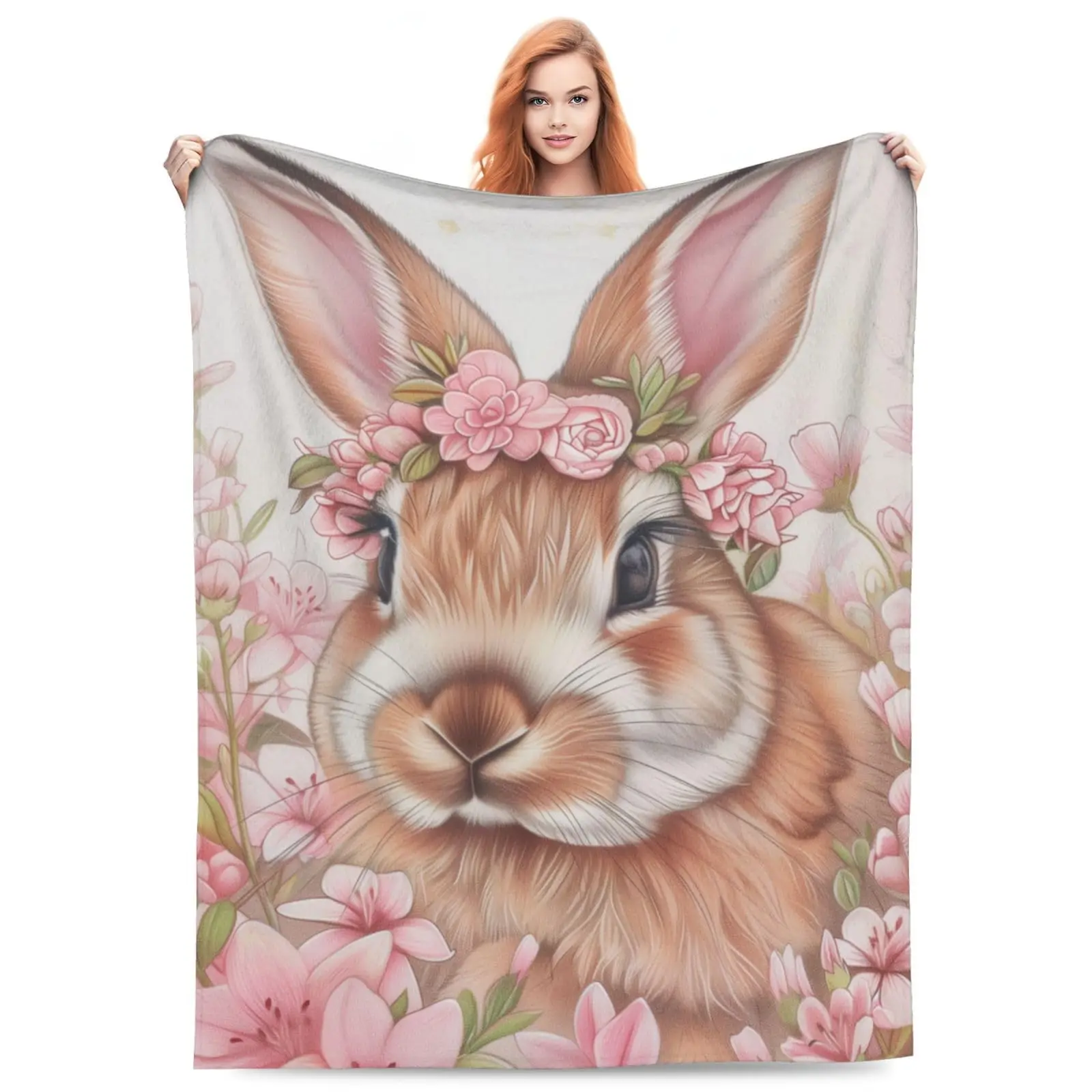 Pink Cute Bunny Blanket, Funny Rabbit Floral Throw Blankets, Lightweight Soft Cozy Blanket Sofa Room Easter Travel Party Decor