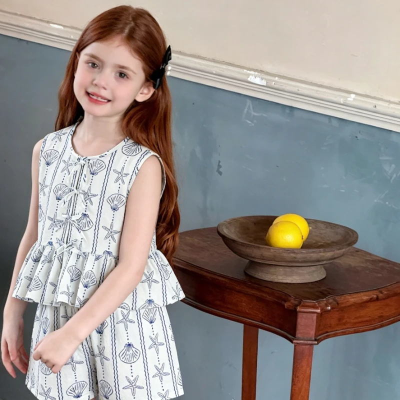 

Childrens Set Spring Summer New Collection Shell Sea Star Ocean Style Printed Sleeveless Top Shorts Two Piece Set Casual Fashion