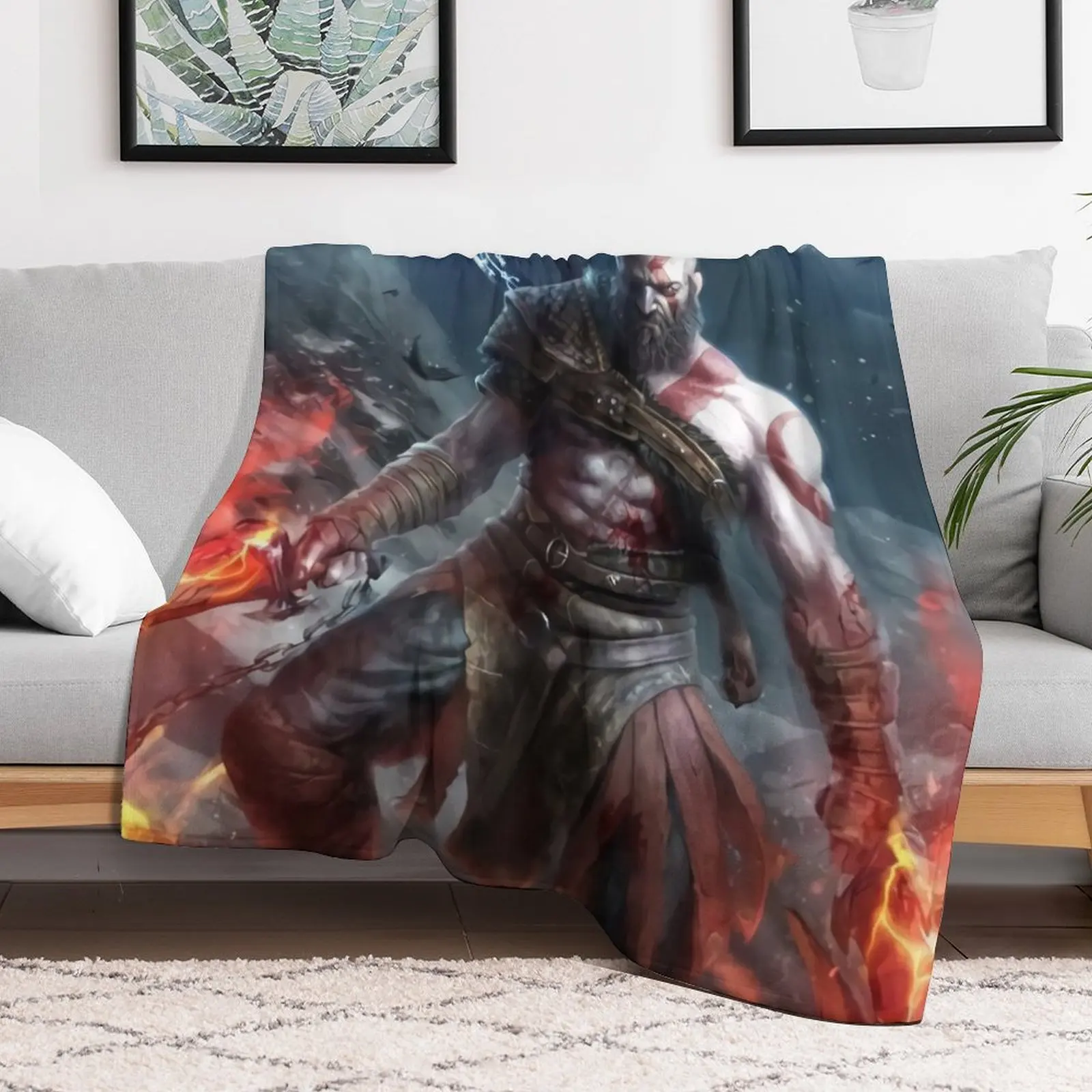 Kratos Fire ax Throw Blanket Picnic wednesday Flannel Fabric Luxury Blankets