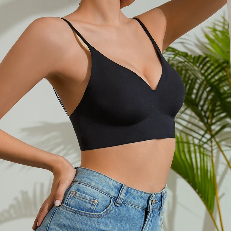 Hot Sale Popular Adjustable Strap Bralette Thin Removable Pad Brasseries Ice Silk Traceless Bra Wireless Seamless Bra for Women