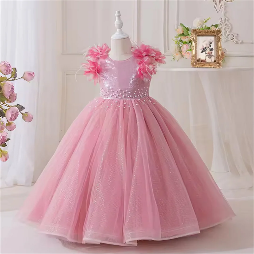 

Customized Pink Applique Flower Girl Dress For Wedding Tulle Elegant Floor Length Puffy Baby Kids Birthday Party First Communion
