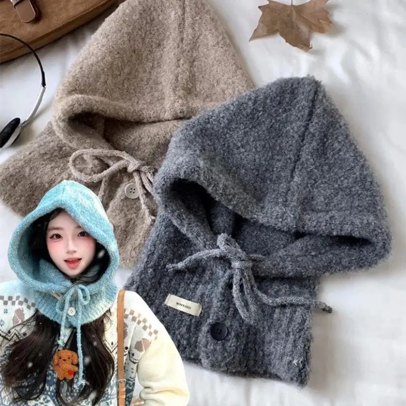 

Winter Knitted Hooded Caps Korean Style Outdoor Warmer One-Piece Neck Beanies Drawstring Hats Unisex Hat Scarf Set Balaclava Cap