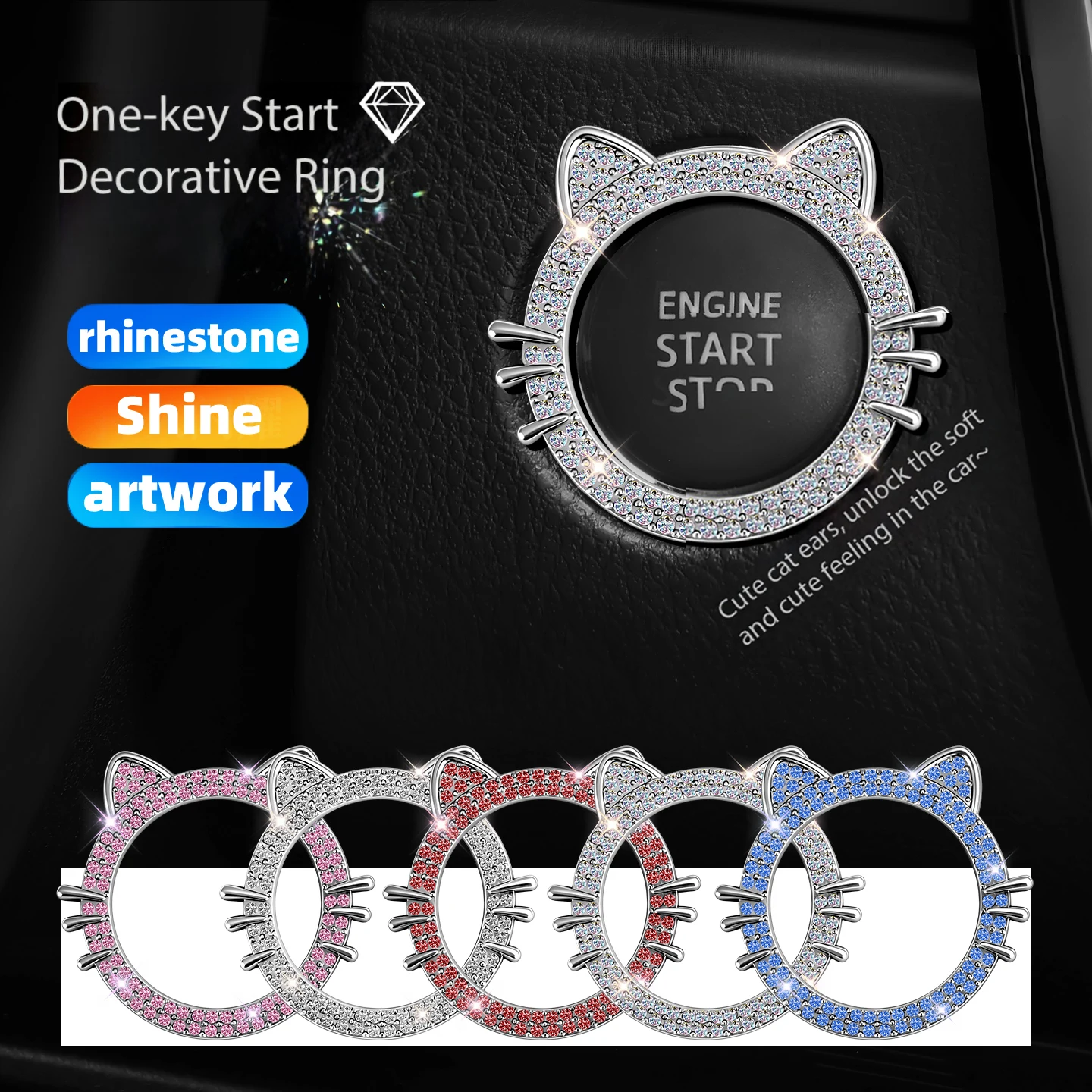 Car One Click Start Decoration Water Diamond Paste Beautiful Inlaid Diamond Interior Ignition Switch Button Protective Cover