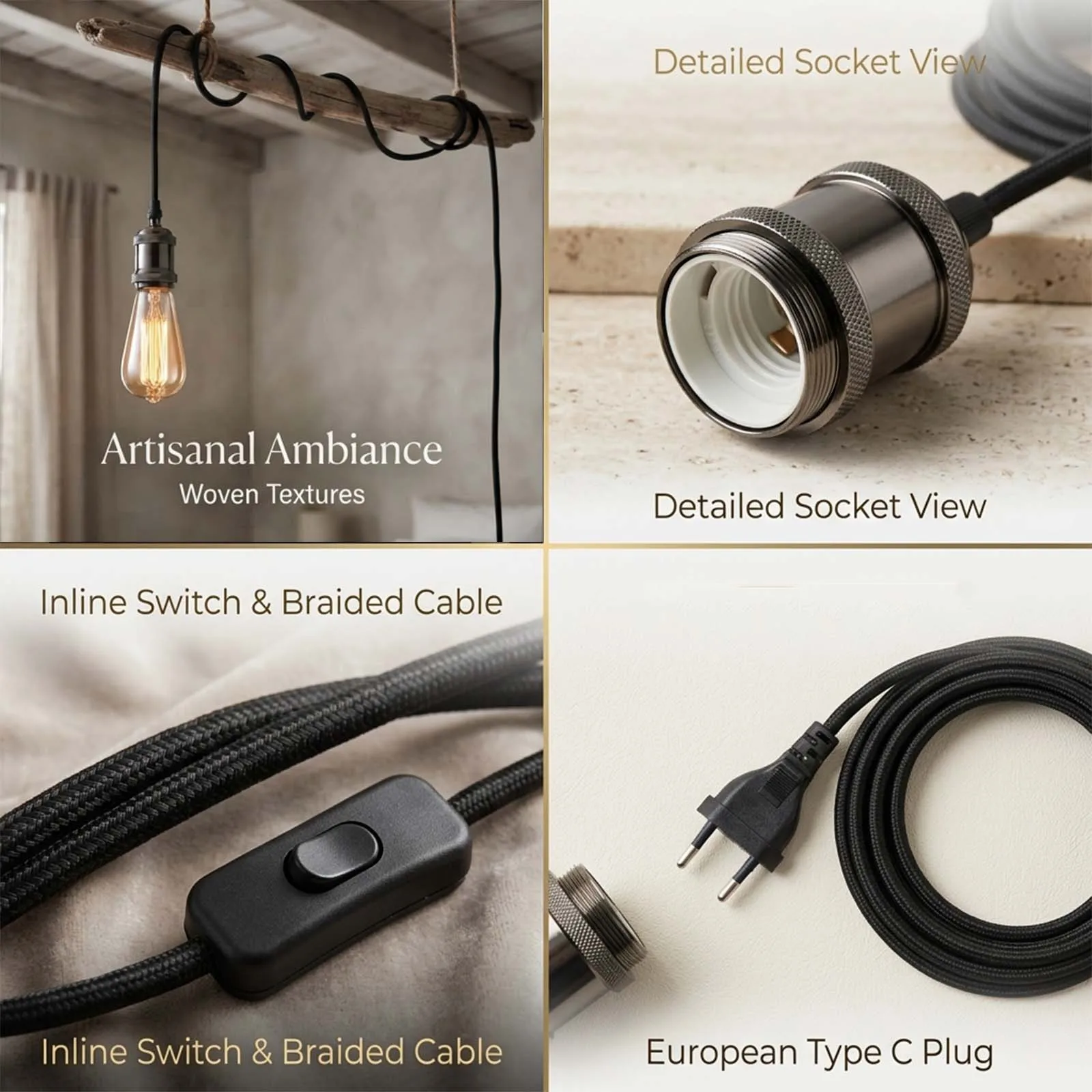 Pendant Light Cord Set, Black  Braided Cable, E27 White Socket, Inline On Off Switch, EU Plug