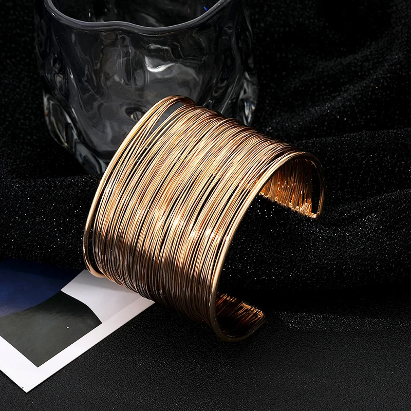 Vintage Punk Layered Wide Wire Cuff Bangle Bracelets for Women Exaggerated Gold Silver Color Metal Bangle Female Trendy Jewelry