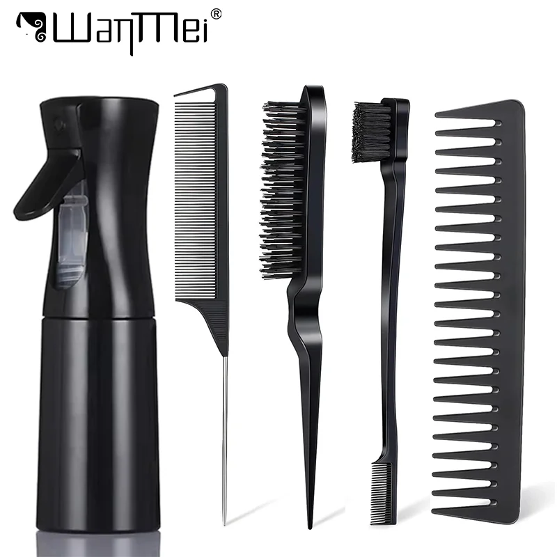 

5pcs Hair Styling Set 2in1 Edge Control Brush Teasing Brush Rat Tail Fine Comb Wide Tooth Comb Hairdressing Tools Salon