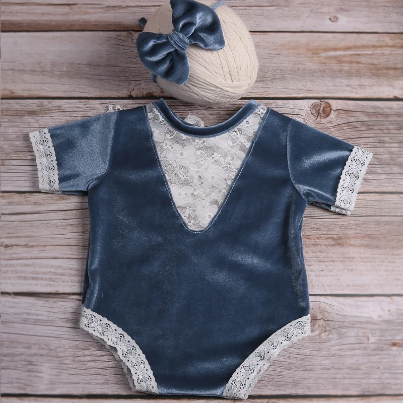 Ylsteed Newborn Velvet Romper Photography Clothes with Bow Headband Baby Girl Lace Outfit for Photo Shooting