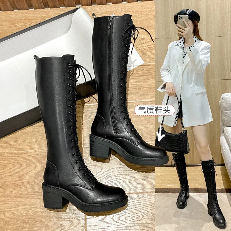 White Women\'s Long Boots Lace-up High Heel Knight Boots Over-the-knee Thigh-high Petite Size Internet Celebrity Mid-calf