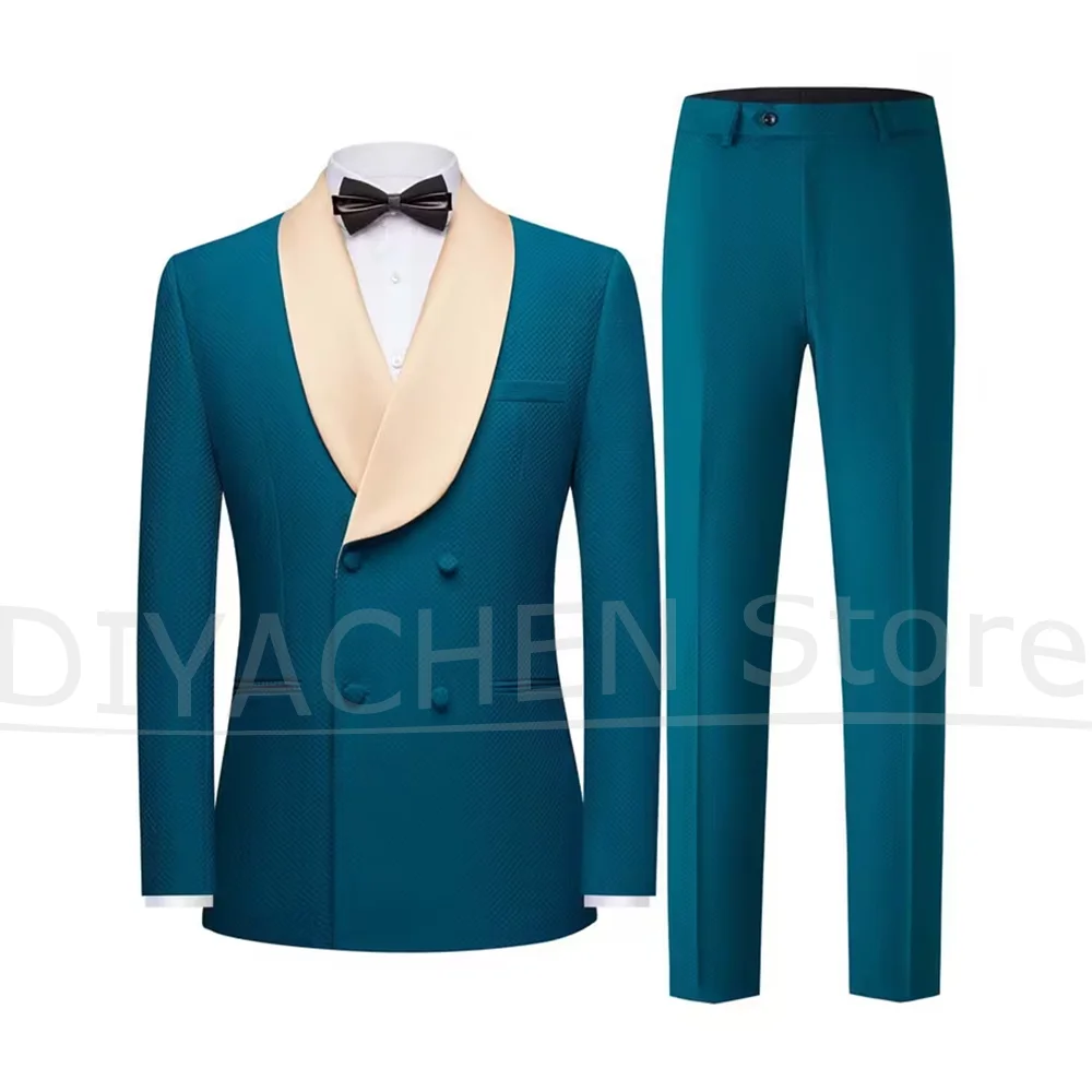 Fashion Men Suit Shawl Lapel Double Breasted Outfit Formal Wedding Groom Prom Party Dinner Tuxedo Blazer with Pants 2 Piece
