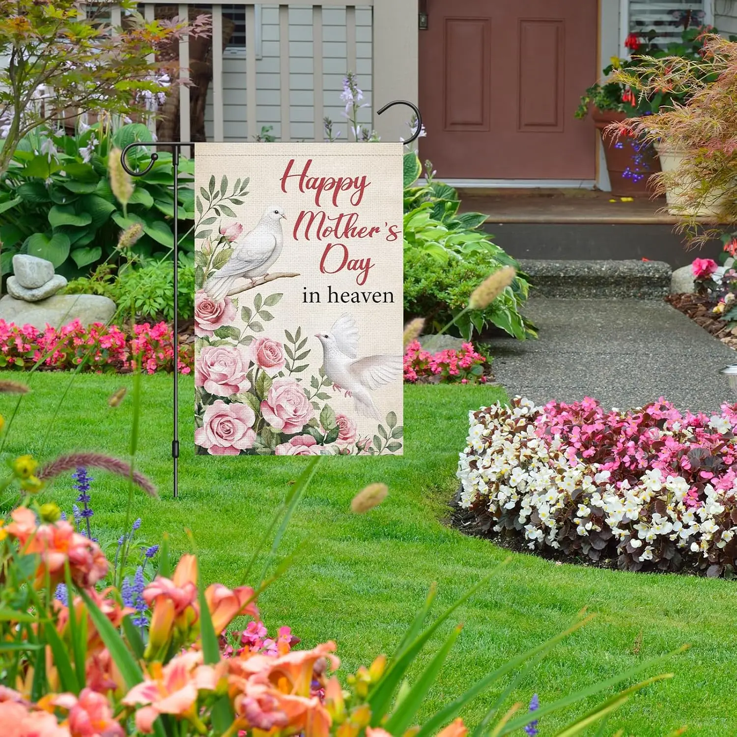 Louise Maelys Happy Mother's Day in Heaven Garden Flag Rose Flower White Dove 12x18 Inch Double Sided Floral Small Burla UUL EEZ