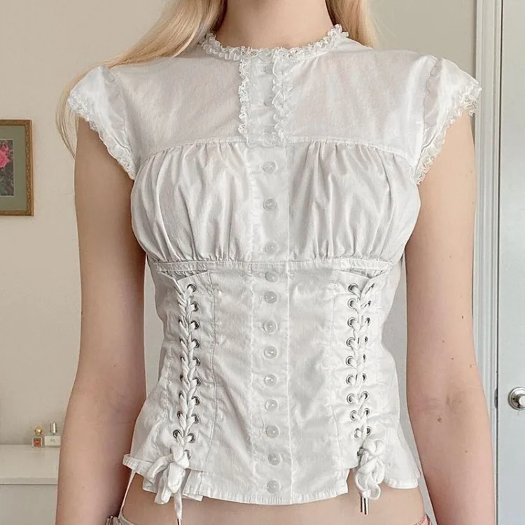 Sexy Fashion T-shirts New Summer American Retro Lace Button Bandage Blouse Women Casual Y2k Harajuku Design Crop Tops Hot Girls