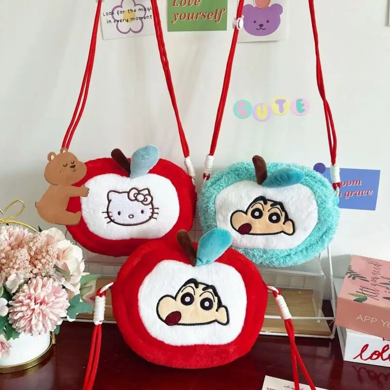 Crayon Shin-Chan Fluffy Apple Crossbody Bag Cute Cartoon Plush Coin Purse Shoulder Cell Phone Bag Outing Storage Bag Itabag Gift